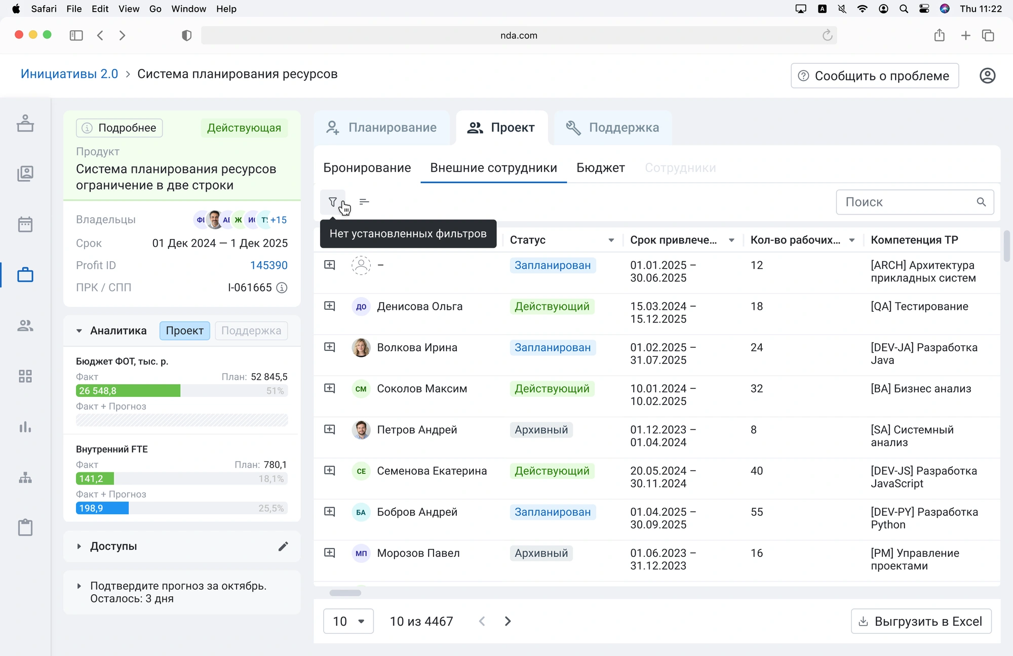 Resource planning dashboard with initiative summary beside the employee table